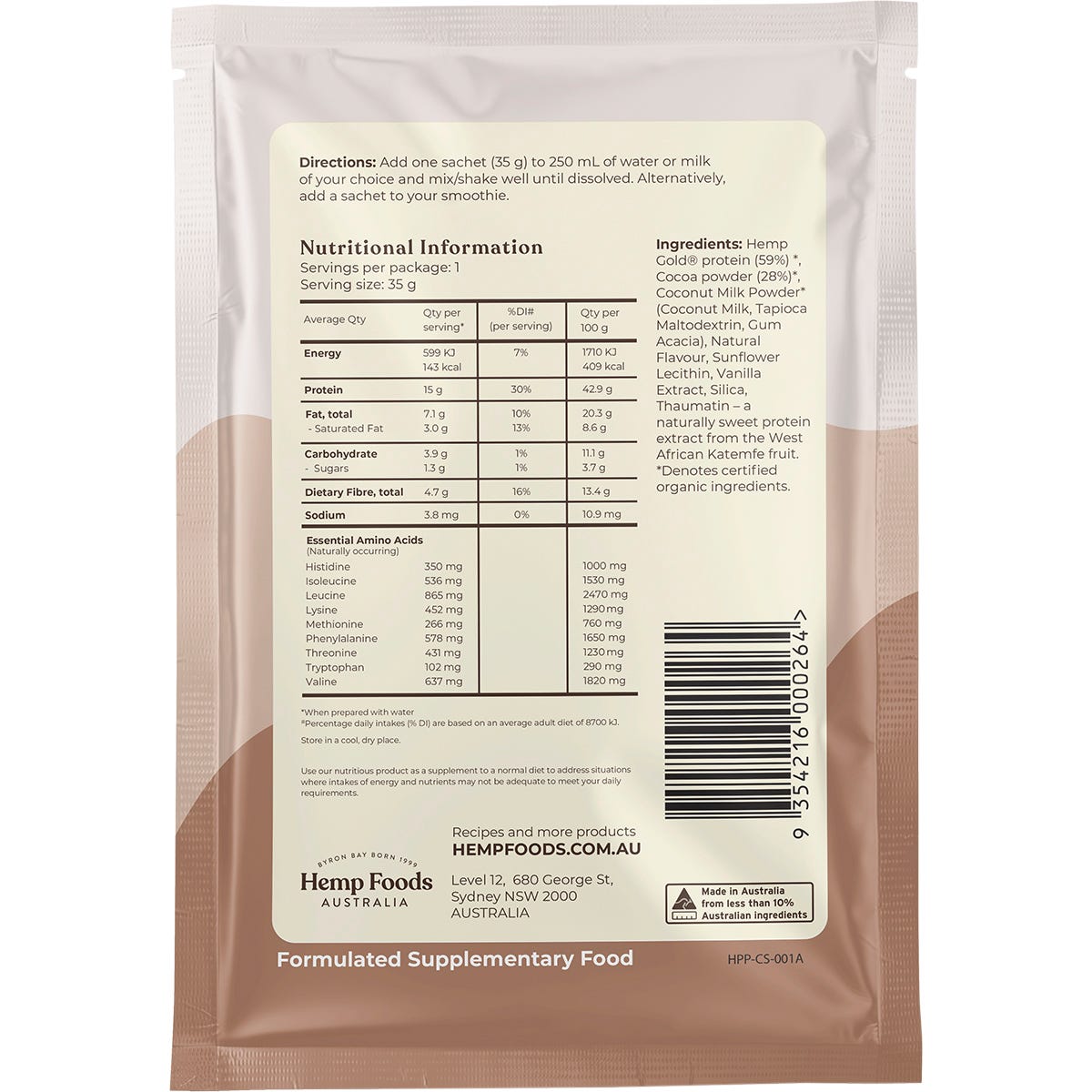 Back of a Hemp Foods Australia Organic Chocolate Hemp Protein sachet with nutrition facts and ingredients.