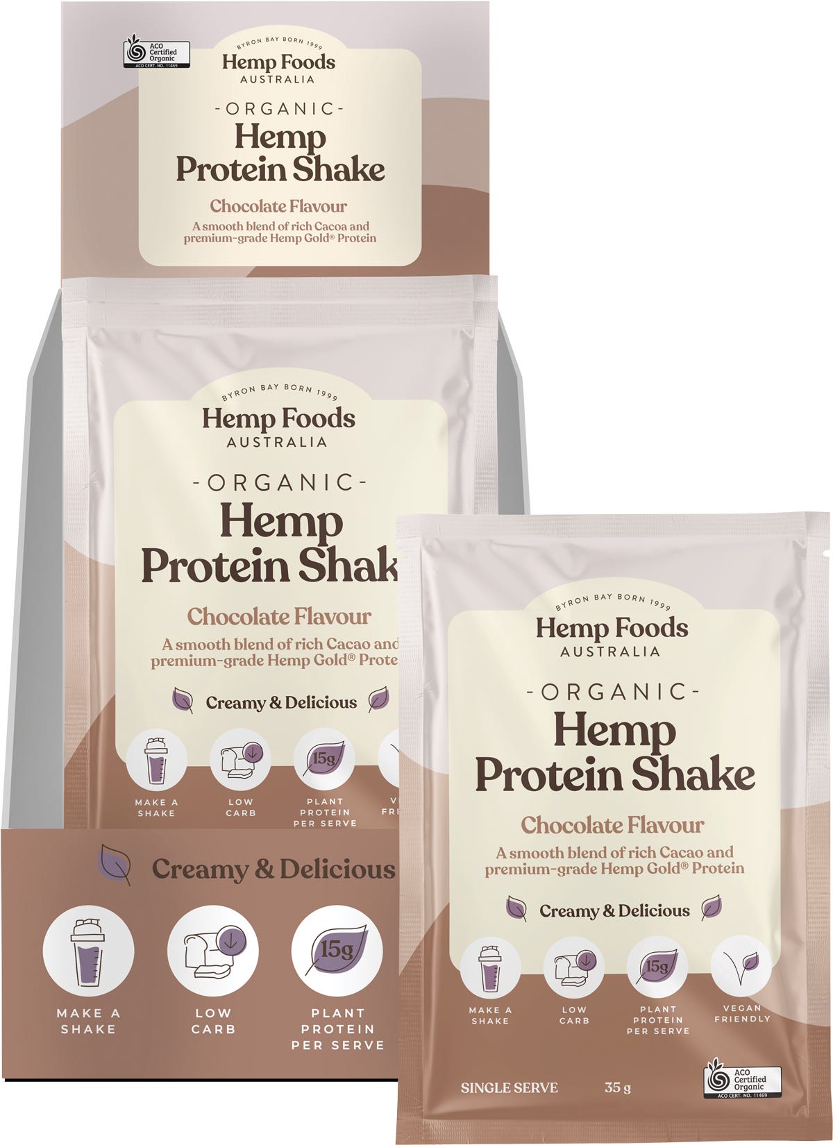Pack of 7 Hemp Foods Australia Organic Hemp Protein Shake Chocolate 35g sachets and display box on a white background.