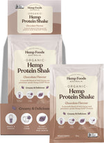 Pack of 7 Hemp Foods Australia Organic Hemp Protein Shake Chocolate 35g sachets and display box on a white background.