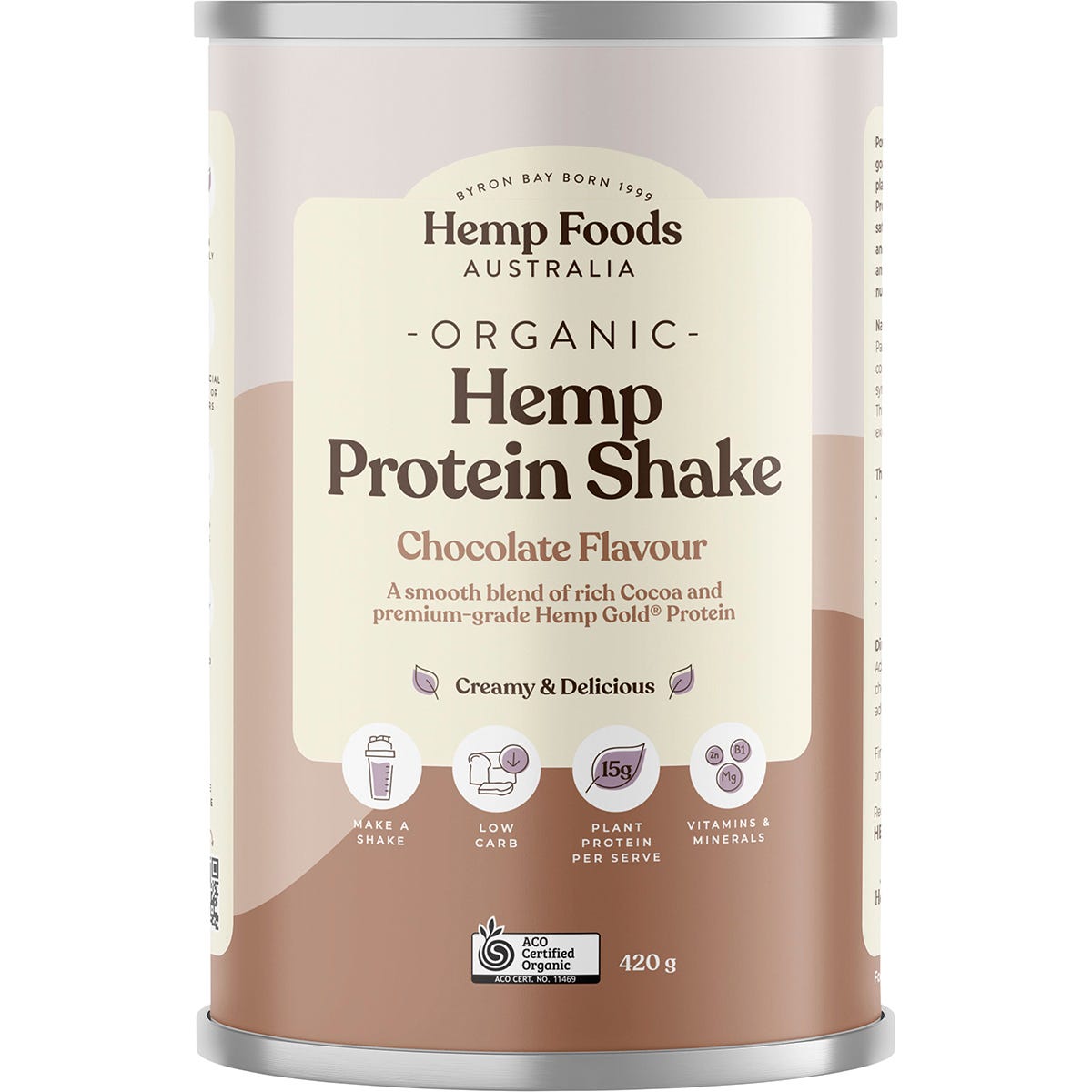 420g tub of Hemp Foods Australia Organic Hemp Protein Shake in Chocolate flavor on a white background.