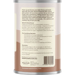 Side view of a Hemp Foods Australia Organic Chocolate Hemp Protein Shake 420g tub showing how to use and ingredients.