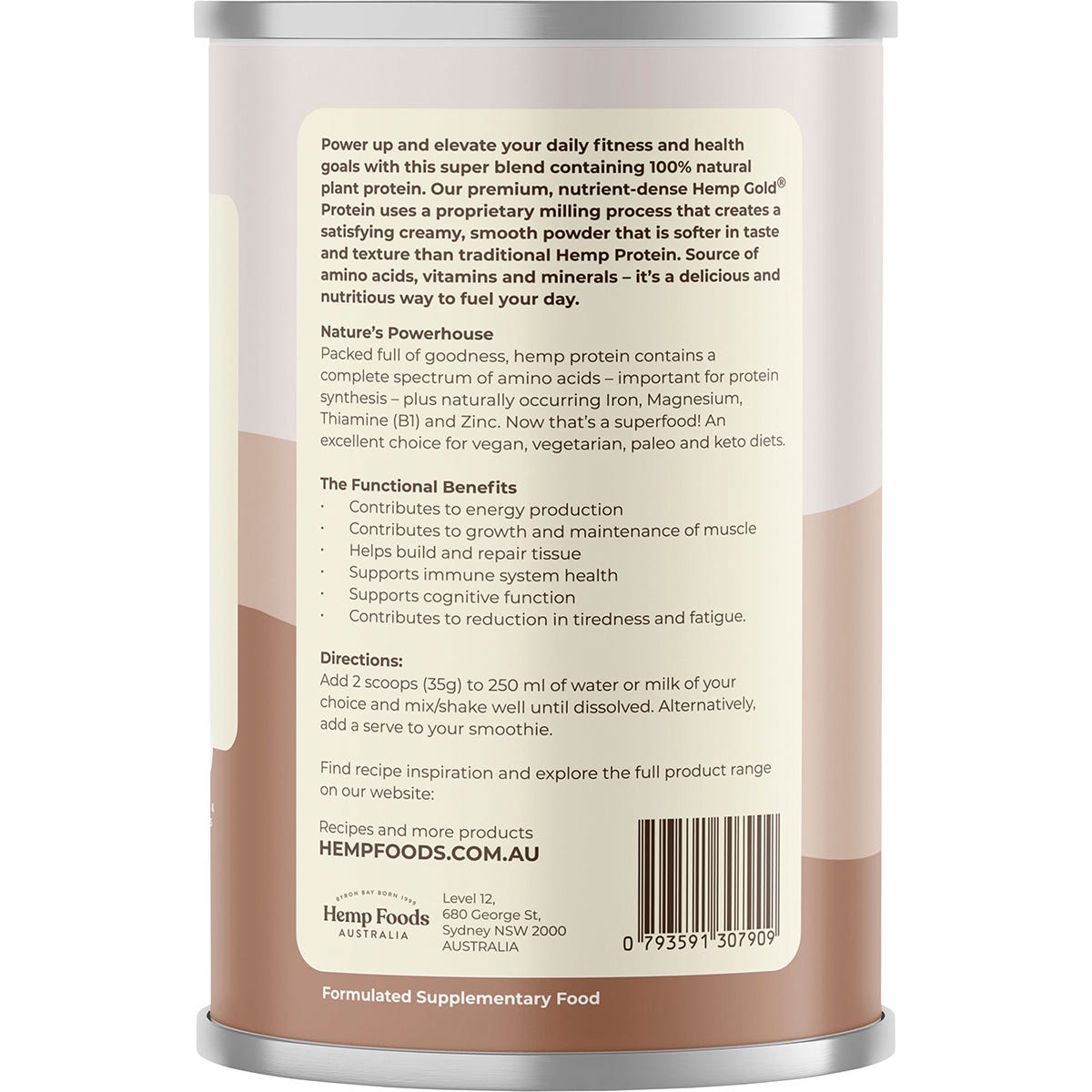 Side view of a Hemp Foods Australia Organic Chocolate Hemp Protein Shake 420g tub showing how to use and ingredients.