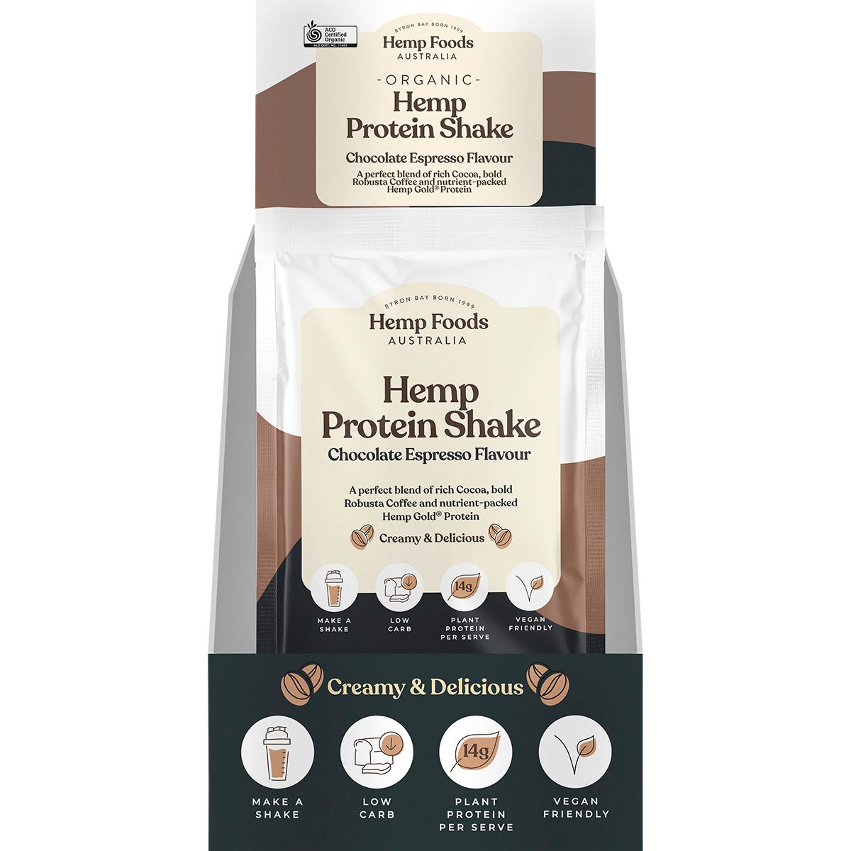 Back of Hemp Foods Organic Chocolate Espresso Protein Shake sachet with nutrition facts and ingredients.
