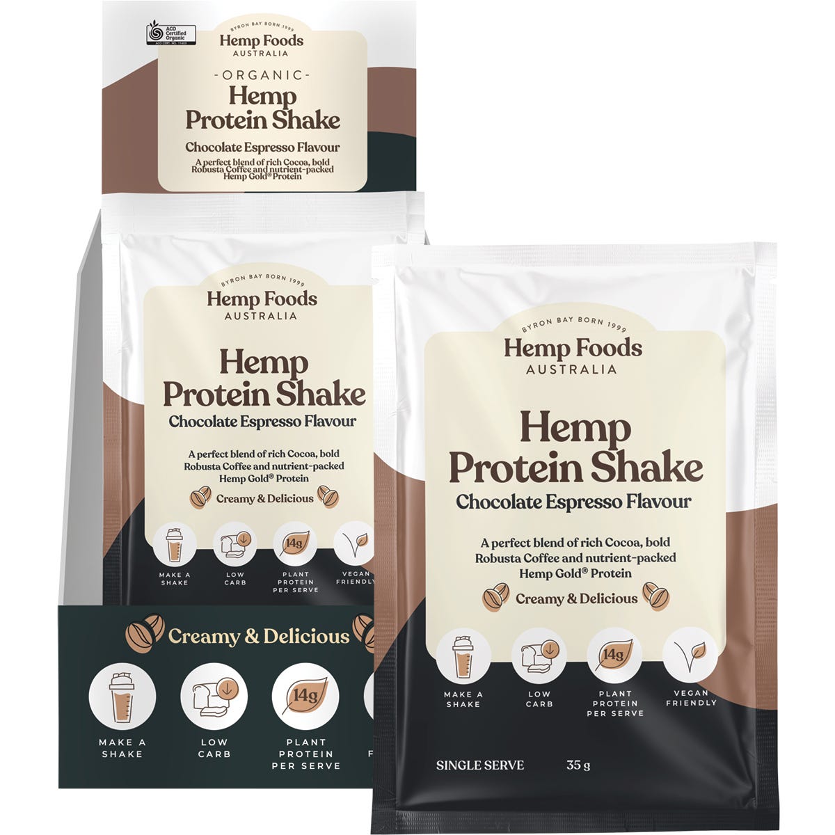 Box of 7 Hemp Foods Australia Organic Chocolate Espresso Protein Shake 35g sachets on a white background.