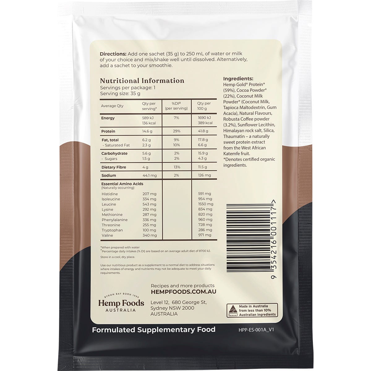 Back of Hemp Foods Organic Chocolate Espresso Protein Shake box with nutrition facts, ingredients, and directions.