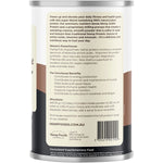 Side view of Hemp Foods Australia 420g Chocolate Espresso Protein Shake tub showing nutrition facts and ingredients.