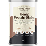 Hemp Foods Australia 420g Chocolate Espresso Organic Hemp Protein Shake tub on a white background.