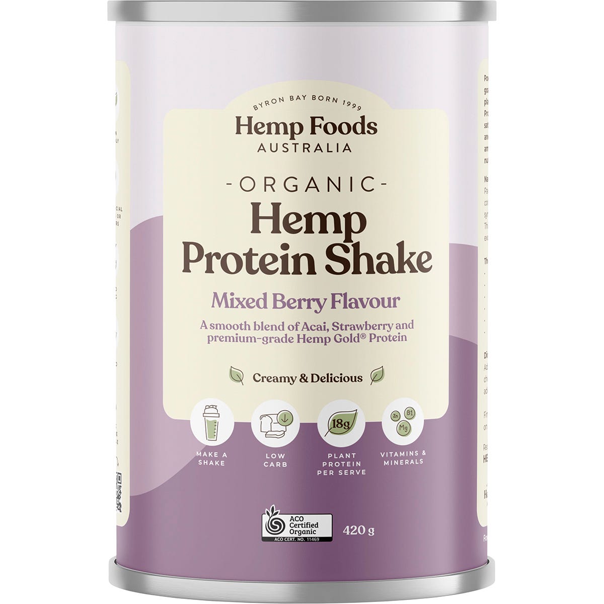 420g tub of Hemp Foods Australia Organic Mixed Berry Hemp Protein Shake with berry and leaf illustrations.
