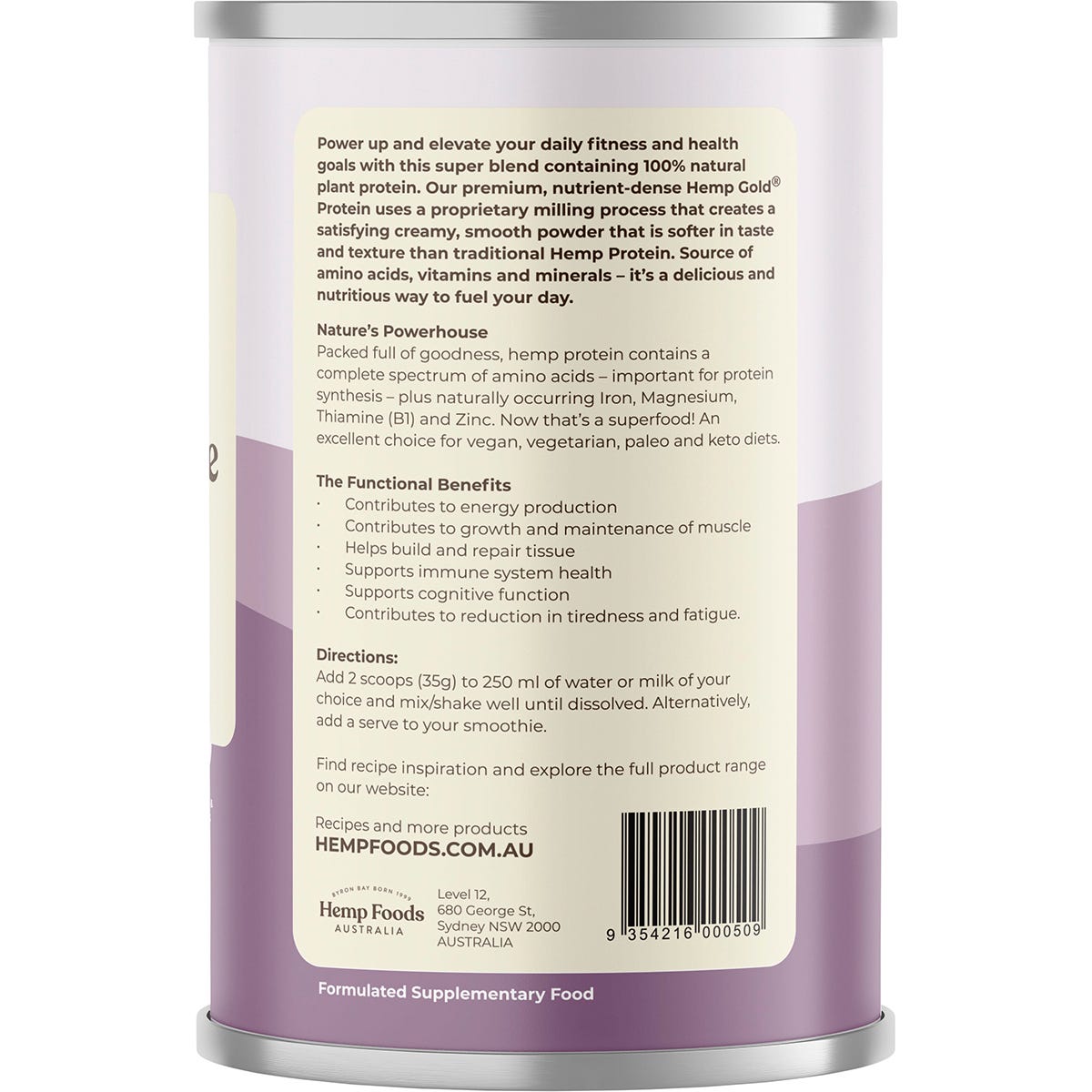 Side view of Mixed Berry Hemp Protein Shake 420g tub showing product benefits and organic certification.