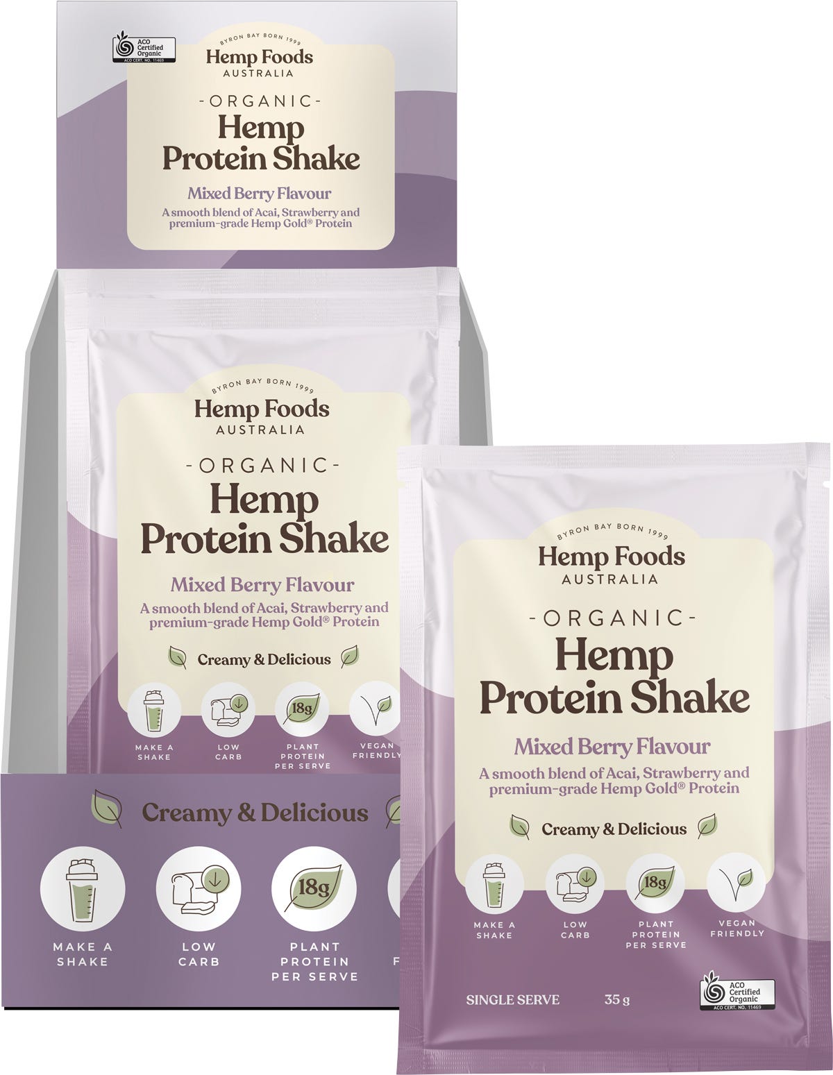 Box of 7 Mixed Berry & Acai Organic Hemp Protein Shake sachets by Hemp Foods Australia on a white background.