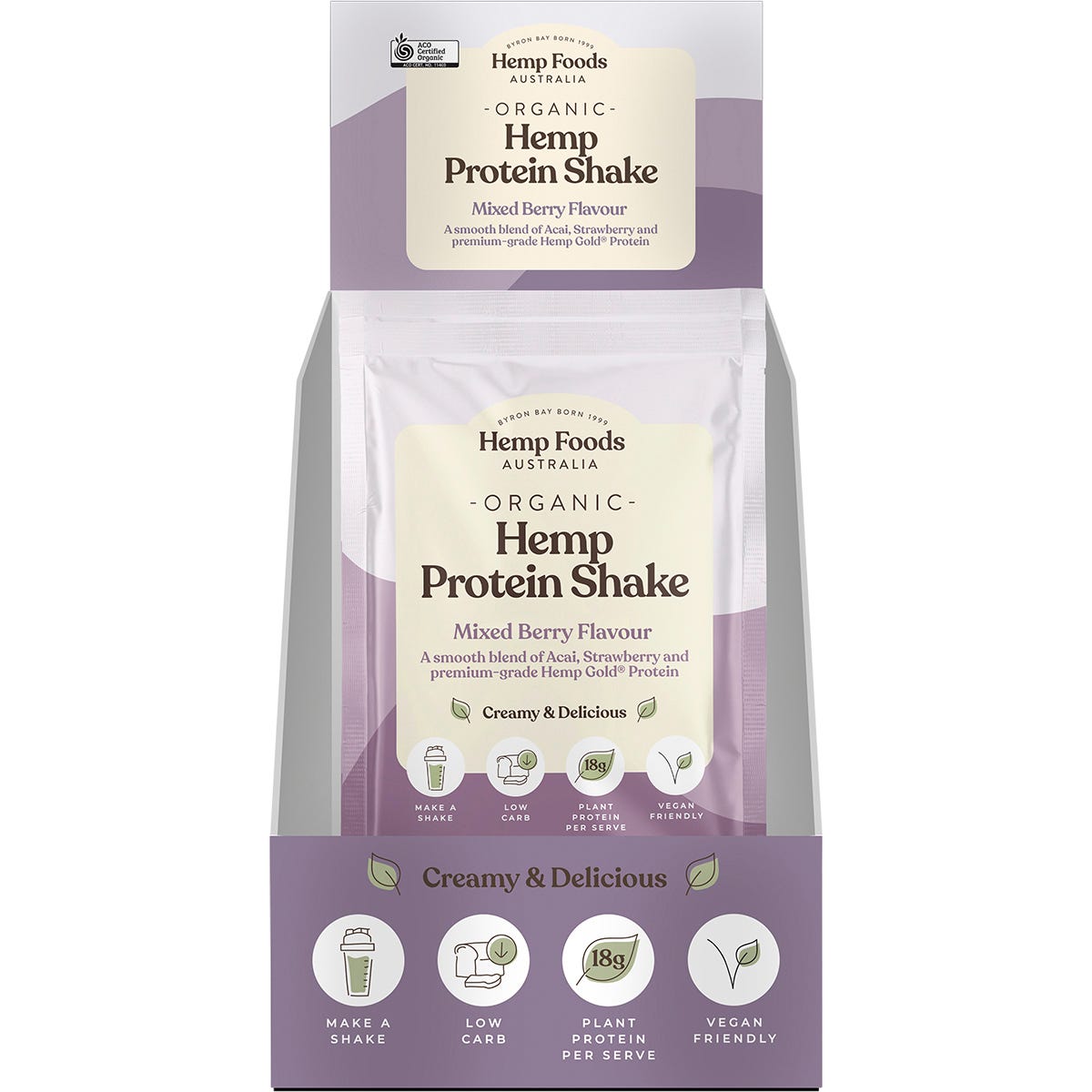 Back of a Hemp Foods Australia Organic Hemp Protein Shake 7-pack box with nutrition facts and ingredients.