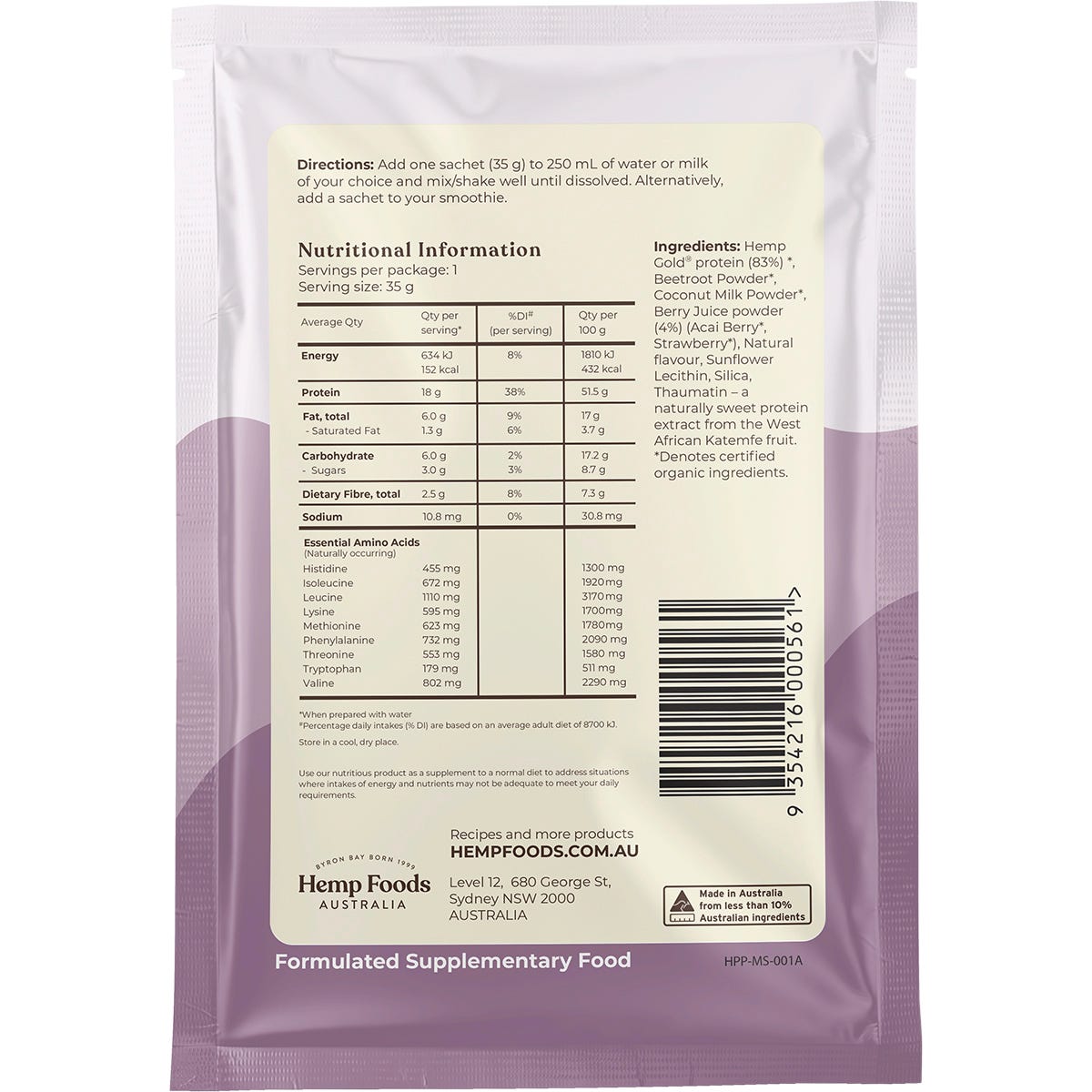 Back of a 35g Mixed Berry & Acai Organic Hemp Protein Shake sachet showing ingredients and nutrition facts.