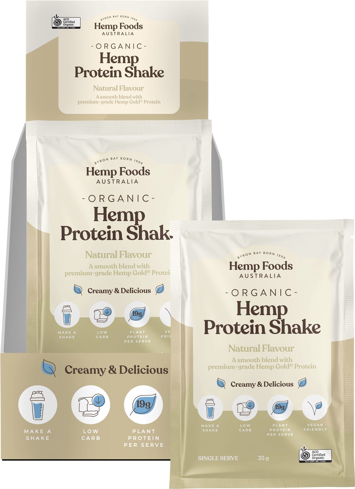 Pack of 7 Hemp Foods Australia Organic Hemp Protein Shake Natural 35g sachets in a green and white display tray.