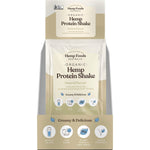 Seven 35g sachets of Hemp Foods Australia Organic Hemp Protein Shake in a green and white retail display box.