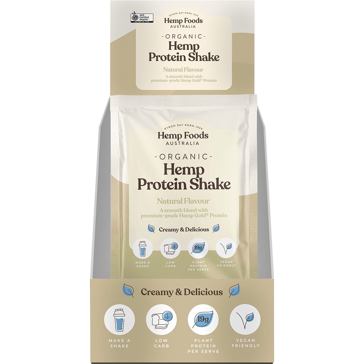 Seven 35g sachets of Hemp Foods Australia Organic Hemp Protein Shake in a green and white retail display box.