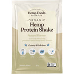 Single 35g sachet of Hemp Foods Australia Organic Natural Hemp Protein Shake on a white background.