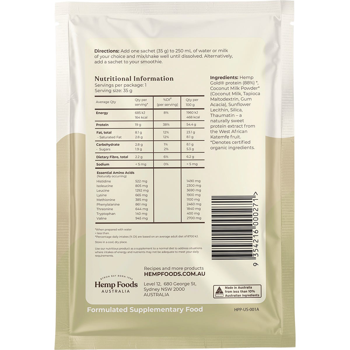 Hemp Foods Australia Organic Hemp Protein Shake Natural 35g (Pack of 7) Payless 4 Organics