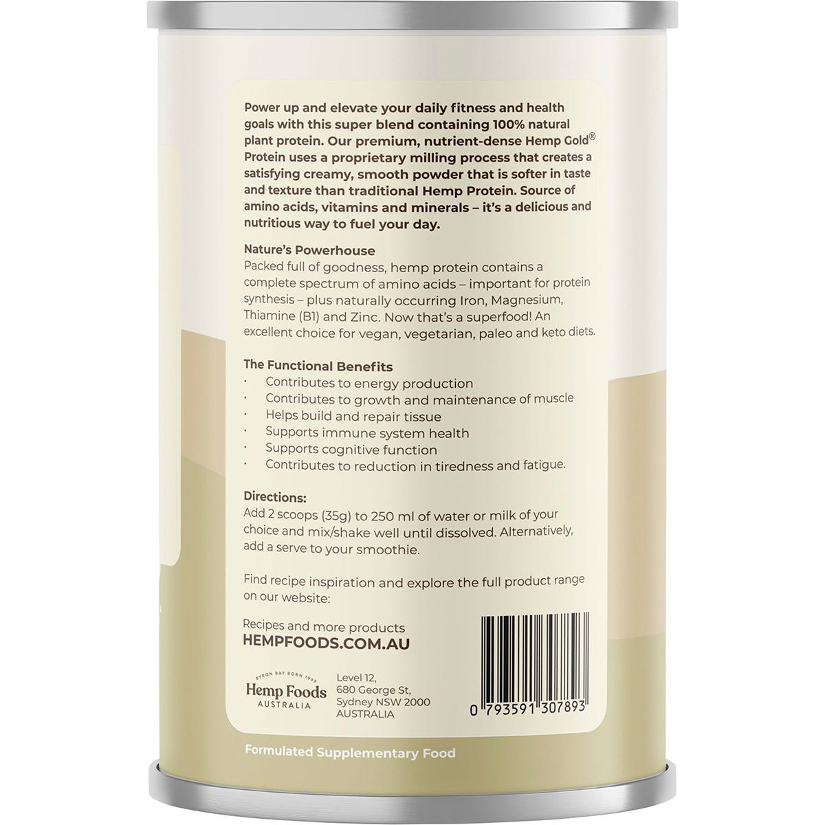 Side view of a 420g tub of Hemp Foods Australia Organic Natural Hemp Protein Shake with product benefits on the label.