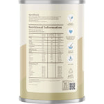 Back of a 420g tub of Hemp Foods Australia Organic Hemp Protein Shake showing nutritional facts and ingredients.