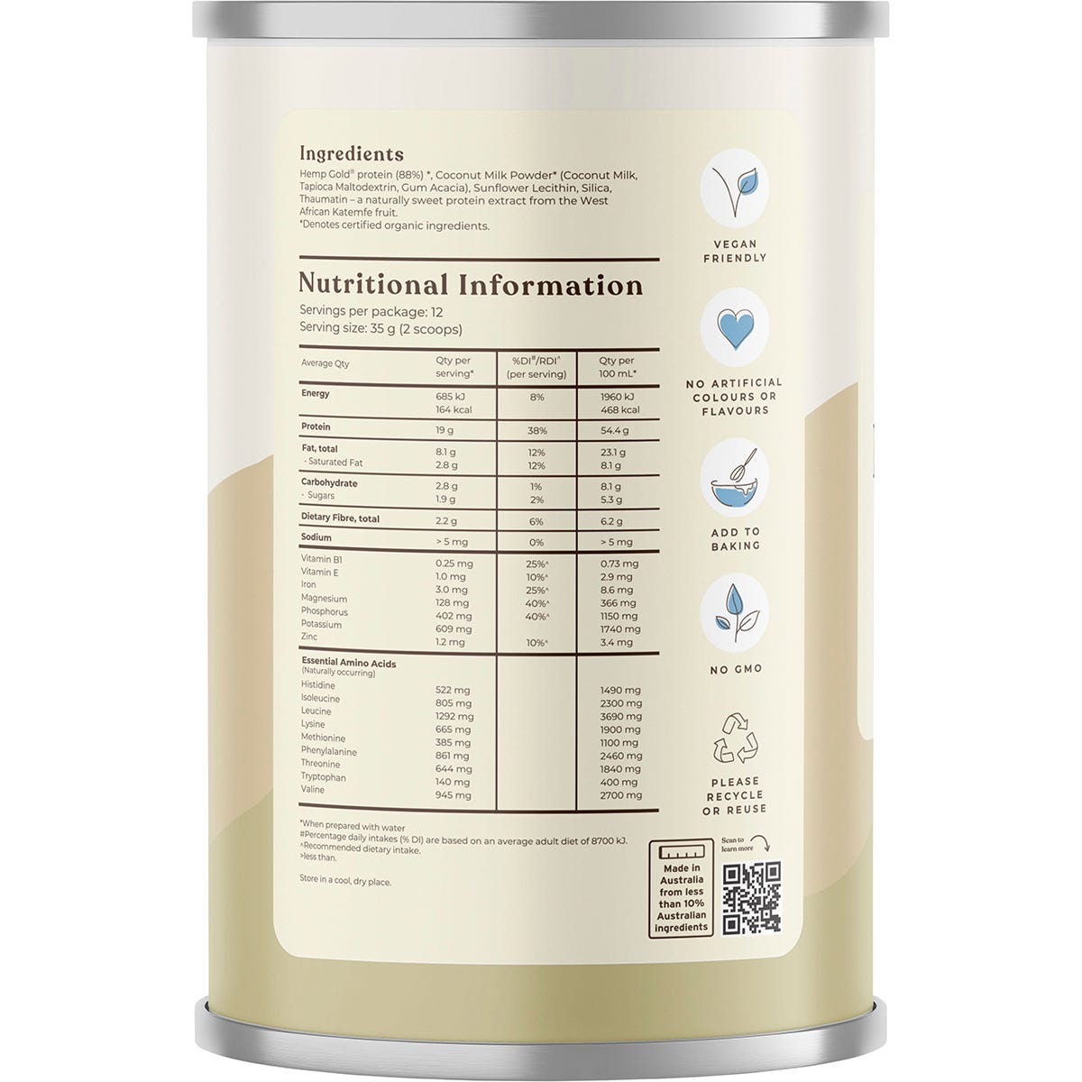 Back of a 420g tub of Hemp Foods Australia Organic Hemp Protein Shake showing nutritional facts and ingredients.