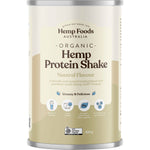 420g tub of Hemp Foods Australia Organic Natural Hemp Protein Shake with a clean, white label on a white background.