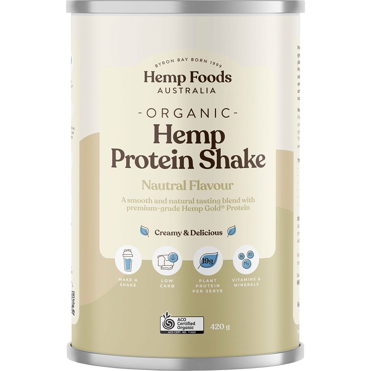 420g tub of Hemp Foods Australia Organic Natural Hemp Protein Shake with a clean, white label on a white background.