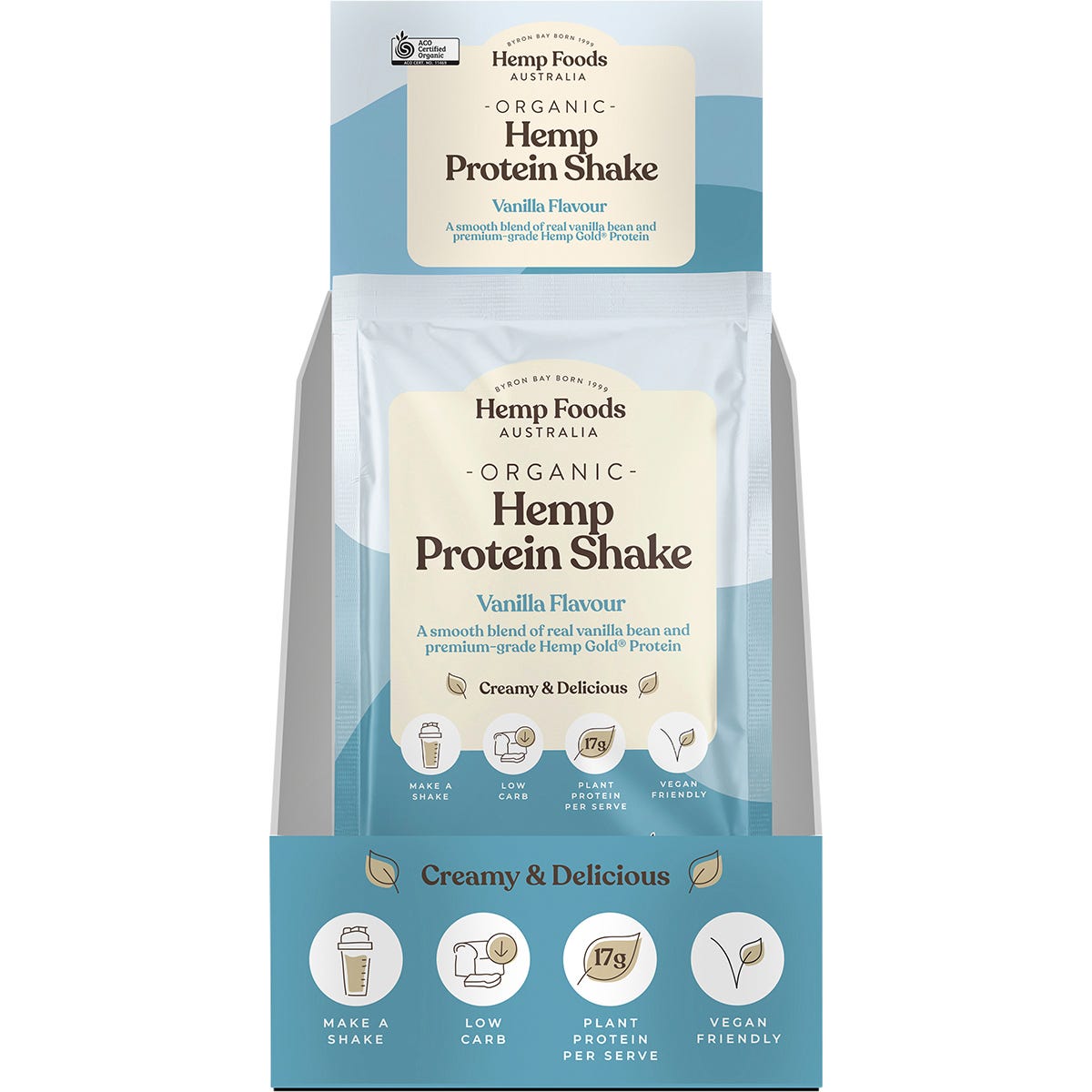 Retail display box of Hemp Foods Organic Vanilla Hemp Protein Shake with seven 35g sachets on a white background.