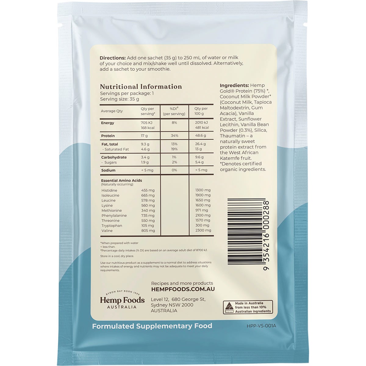 Side view of a Hemp Foods Australia Organic Vanilla Hemp Protein Shake sachet showing the nutritional panel and benefits.