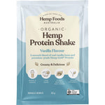Single 35g sachet of Hemp Foods Australia Organic Vanilla Hemp Protein Shake on a white background.