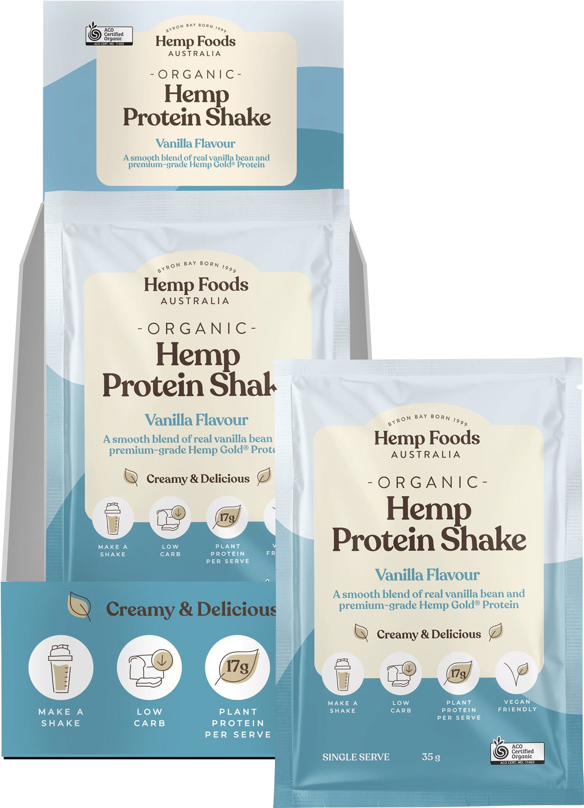 Seven 35g sachets and a display box of Hemp Foods Australia Organic Vanilla Hemp Protein Shake on a white background.