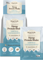 Seven 35g sachets and a display box of Hemp Foods Australia Organic Vanilla Hemp Protein Shake on a white background.