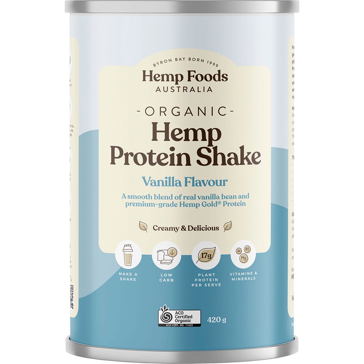 420g pouch of Hemp Foods Australia Organic Hemp Protein Shake in Vanilla flavor on a white background.