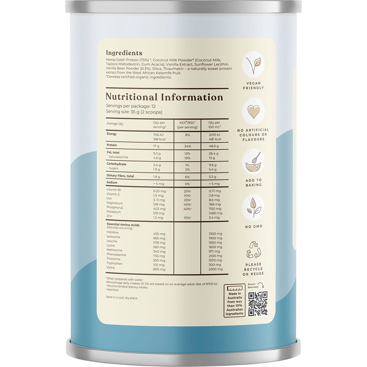 Hemp Foods Australia 420g pouch of Organic Hemp Protein Shake in Vanilla flavor on a white background.