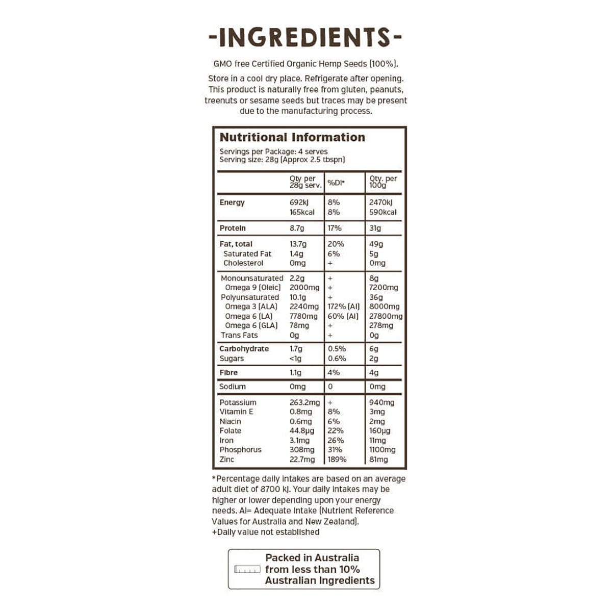 Nutritional information on the back of a 114g bag of Hemp Foods Australia Organic Hulled Hemp Seeds.