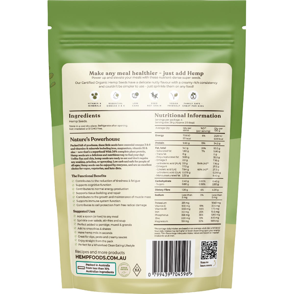 Side view of Hemp Foods Australia Organic Hulled Hemp Seeds 114g bag showing nutritional benefits and organic certification.