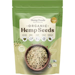 114g bag of Hemp Foods Australia Organic Hulled Hemp Seeds showing the front packaging and nutritional benefits.