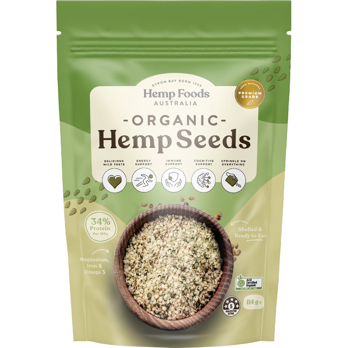 114g bag of Hemp Foods Australia Organic Hulled Hemp Seeds showing the front packaging and nutritional benefits.