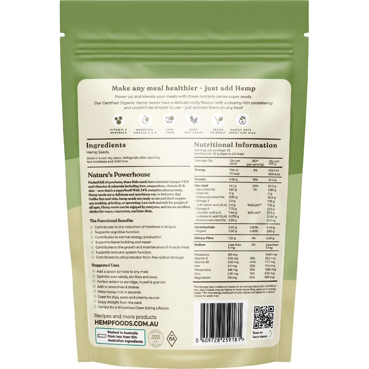 Hemp Foods Australia 1kg bag of organic hulled hemp seeds showing the back of the packaging.