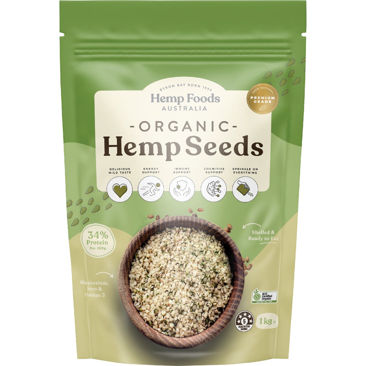Hemp Foods Australia 1kg bag of organic hulled hemp seeds on a white background.