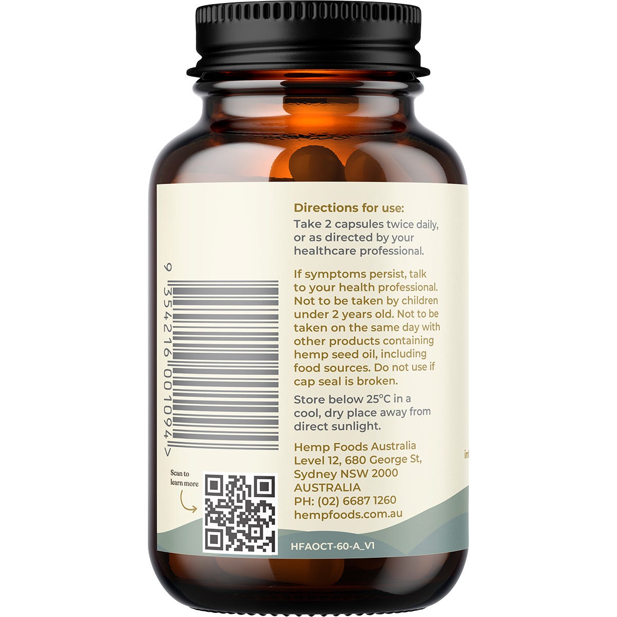 Hemp Foods Australia Pain Relief 60 capsules in a dark amber glass bottle with a white and gold label.