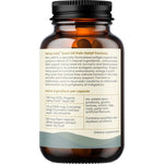Side view of Hemp Foods Australia Pain Relief 60 caps glass bottle highlighting ingredients and directions for use.