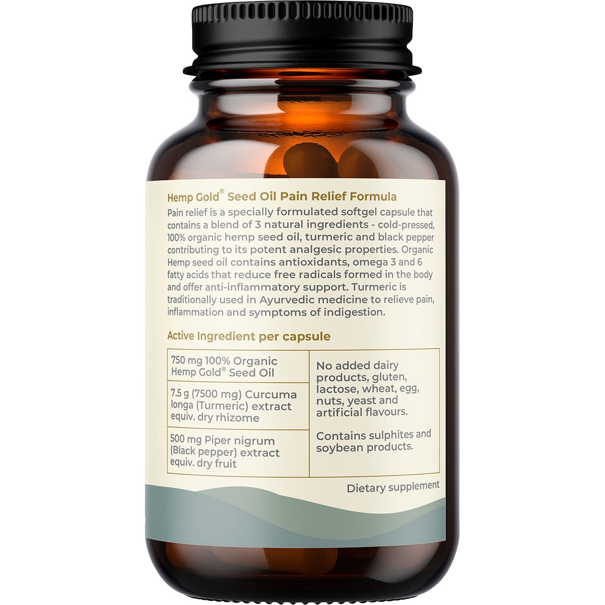 Side view of Hemp Foods Australia Pain Relief 60 caps glass bottle highlighting ingredients and directions for use.