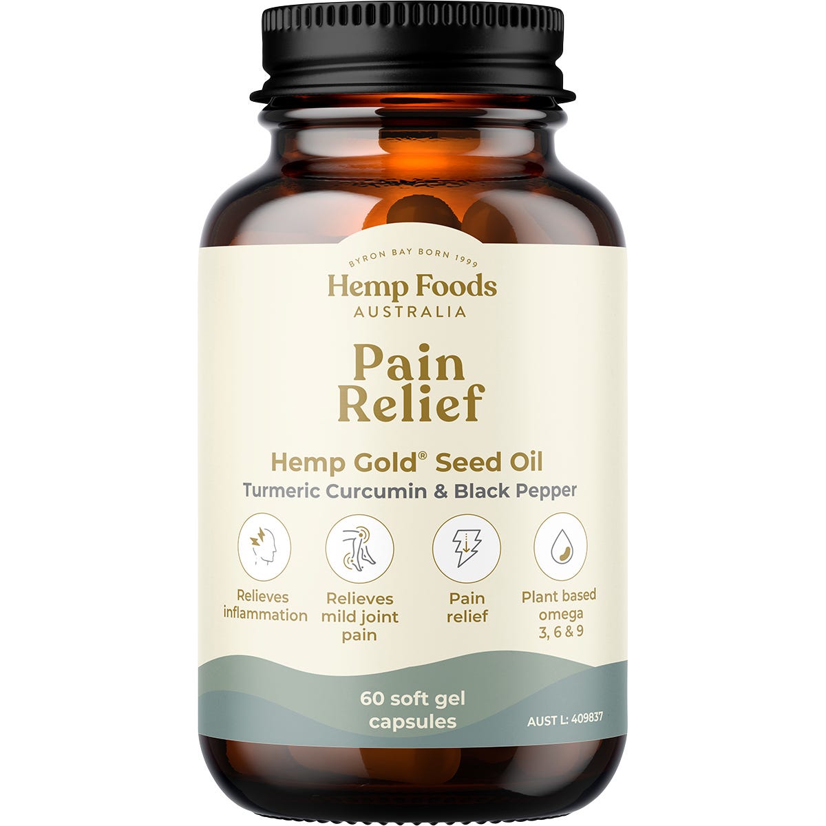 Hemp Foods Australia Pain Relief 60 caps bottle featuring Hemp Gold Seed Oil, Turmeric, and Black Pepper.