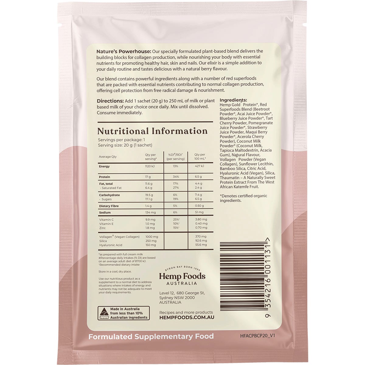 Side view of Hemp Foods Australia Collagen+ Berry 7-pack box highlighting clean ingredients and plant-based benefits.