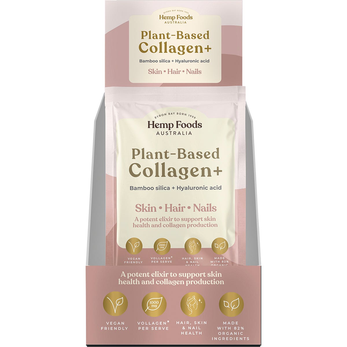 Back of Hemp Foods Australia Plant-Based Collagen+ Berry 7-pack box with nutrition facts and ingredients.