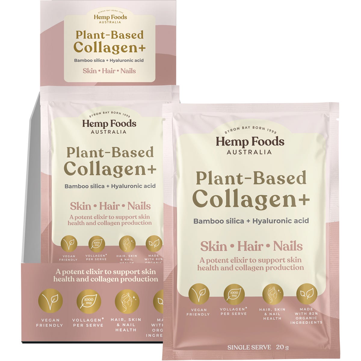 Box of 7 x 20g Hemp Foods Australia Plant-Based Collagen+ Berry sachets featuring berry and botanical illustrations.