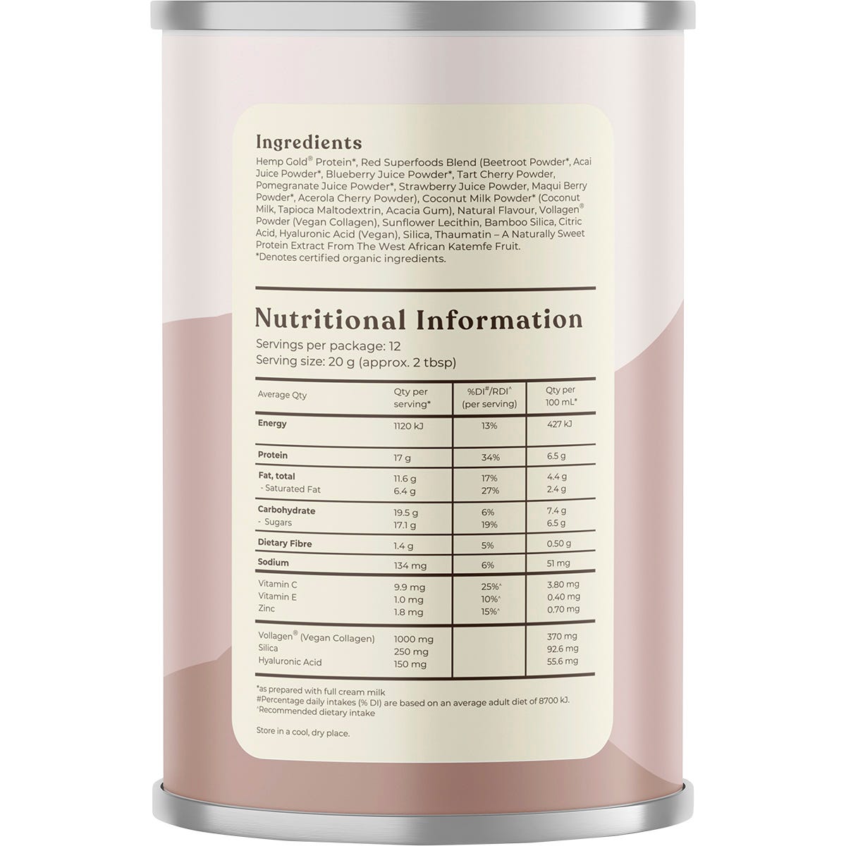 Side view of a 240g tub of Hemp Foods Australia Plant Based Collagen+ Berry showing product benefits and a barcode.