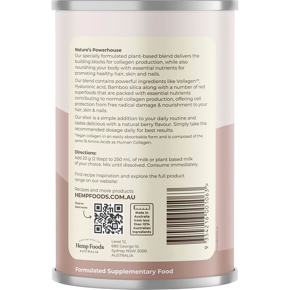 Hemp Foods Australia Plant Based Collagen+ Berry 240g Payless 4 Organics