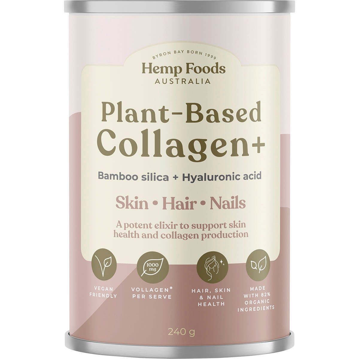 240g tub of Hemp Foods Australia Plant Based Collagen+ Berry with hemp protein and botanical illustrations.