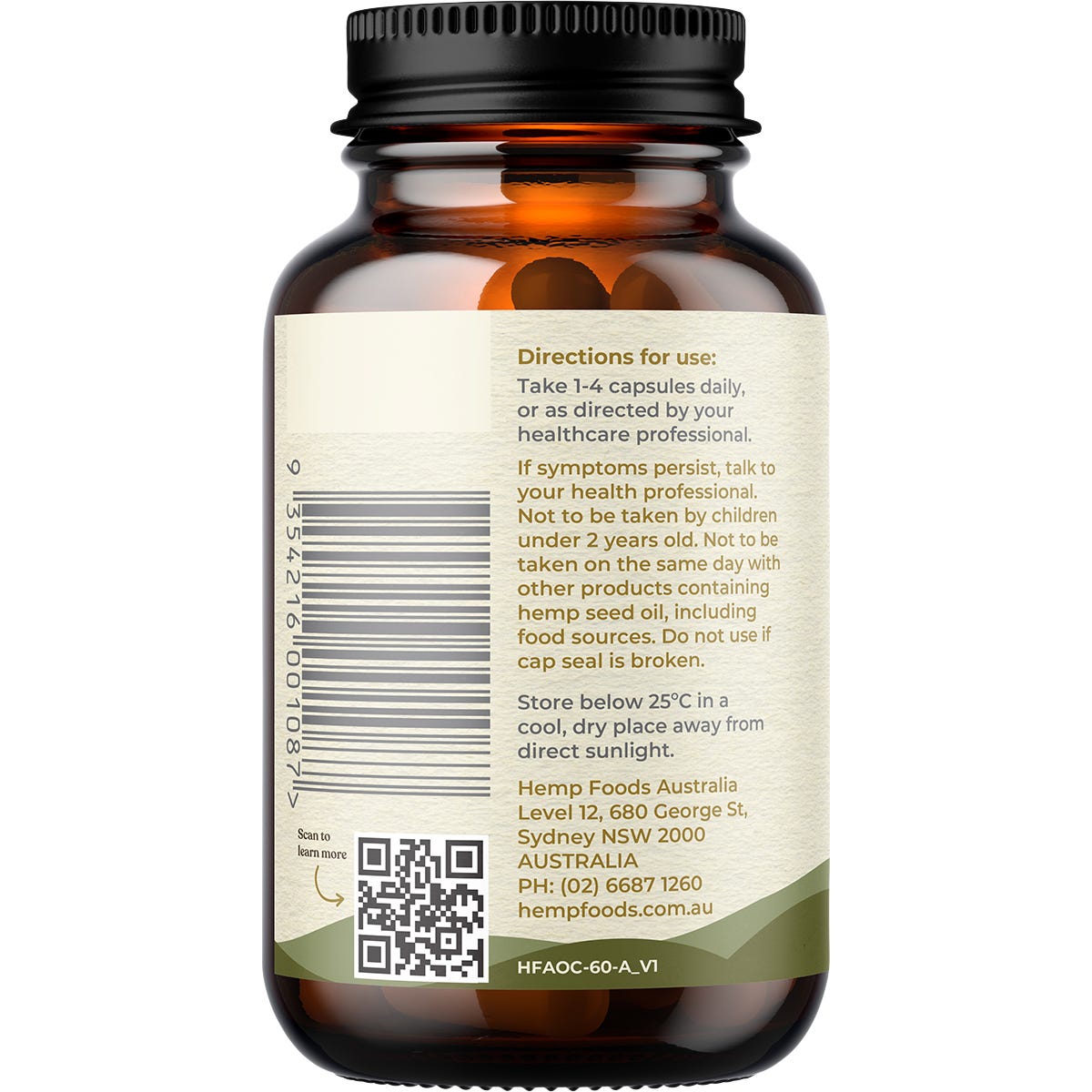 White bottle of Hemp Foods Australia Plant-Based Omega 60 capsules with gold and green accents on a white background.